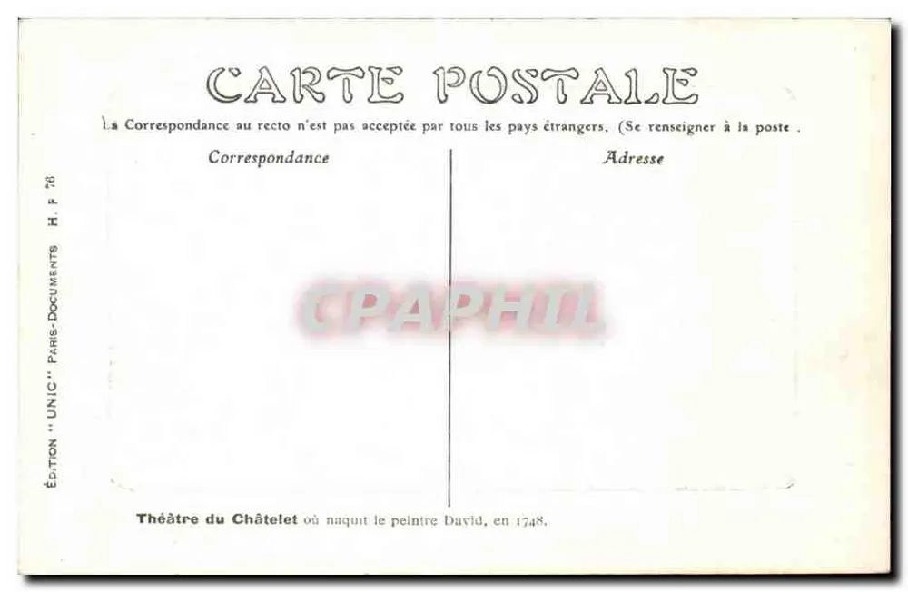 Teatro do Châtelet — Paris — Edição 'UNIC' PARIS-DOCUMENTS H. F. 70 - Verso