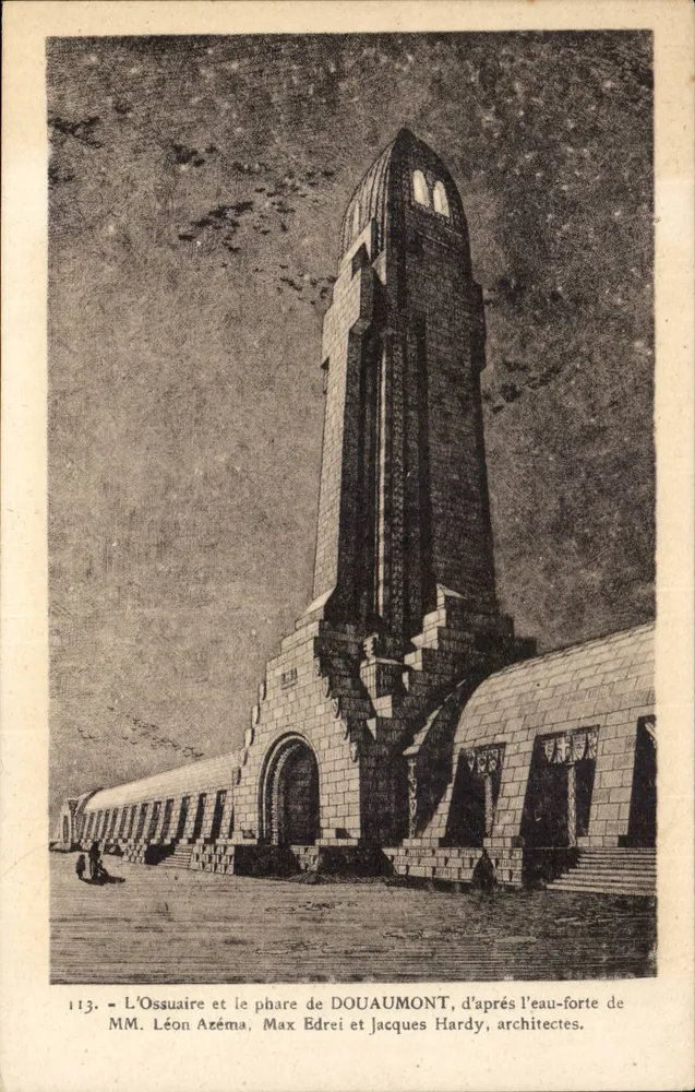 Ossuário e farol de Douaumont — desenho segundo a gravura de MM. Léon Azéma, Max Edrei e Jacques Hardy — n° 113 - Frente