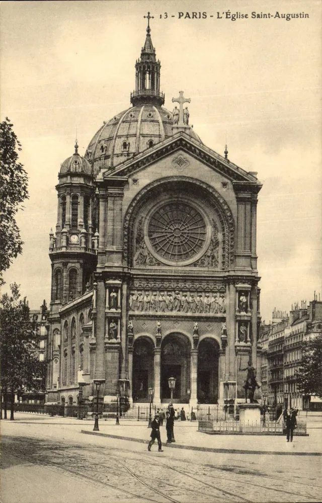 Paris - A Igreja de São Agostinho — vista da fachada com vitral e estátua — editor desconhecido, n° 13 - Frente