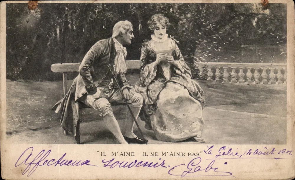 Theaterszene — 'Er liebt mich, er liebt mich nicht' — La Gélie, 14. August 1902 - Vorderseite