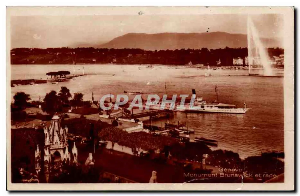 Genf und Hafen — Denkmal Brunswick und Fontäne — Phototypie Co. Montreux, Nr. 74:3 - Vorderseite