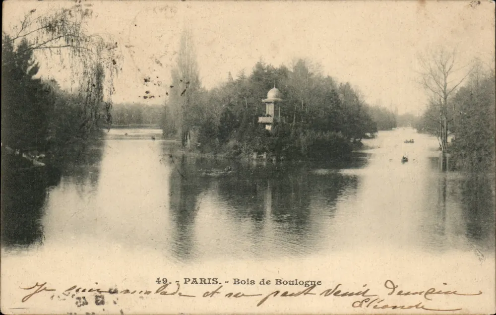 Bois de Boulogne — Vista do lago e do pavilhão — Editor L. Héron, n° 49 - Frente