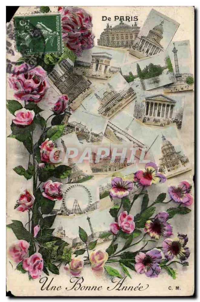 Paris — collage de monumentos e flores — C.M. - Frente