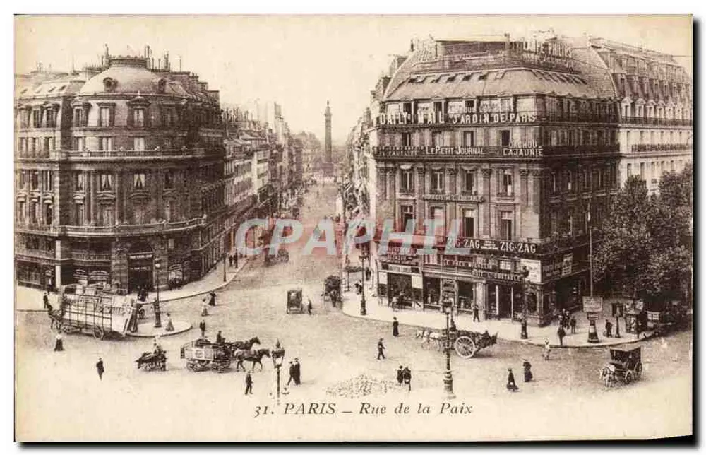 Paris – Rue de la Paix — vista de canto com edifícios e carruagens - Frente
