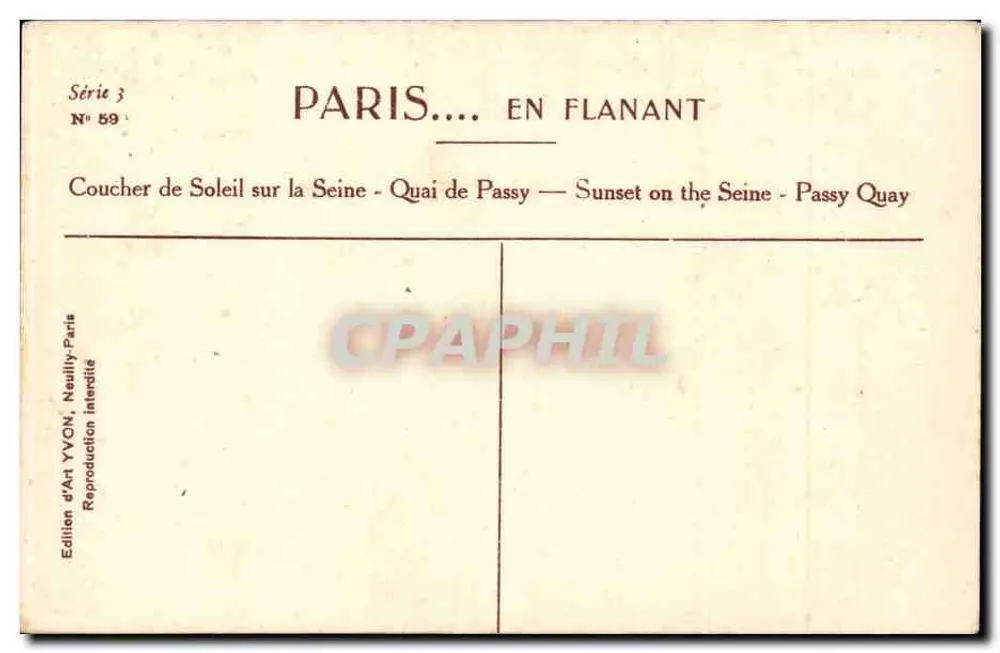 Paris... en Flanant — Sonnenuntergang auf der Seine - Quai de Passy — Édition d'Art YVON, Serie 3 N° 59 - Rückseite