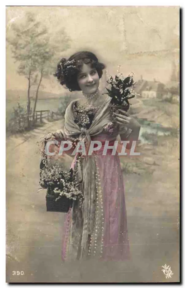 Junge Frau in einem rosa Kleid mit einem Blumenkorb — n°390 - Vorderseite
