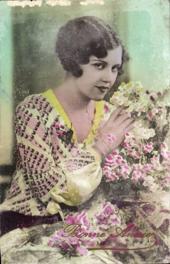 Frau mit Blumen — Frohe Neujahr 1936 — unbekannter Verleger, n° 1142 - Vorderseite