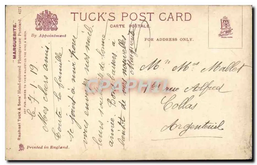 Lächelnde junge Frau — mit einem Blumenstrauß — Tuck's Post Card n°4271 - Rückseite