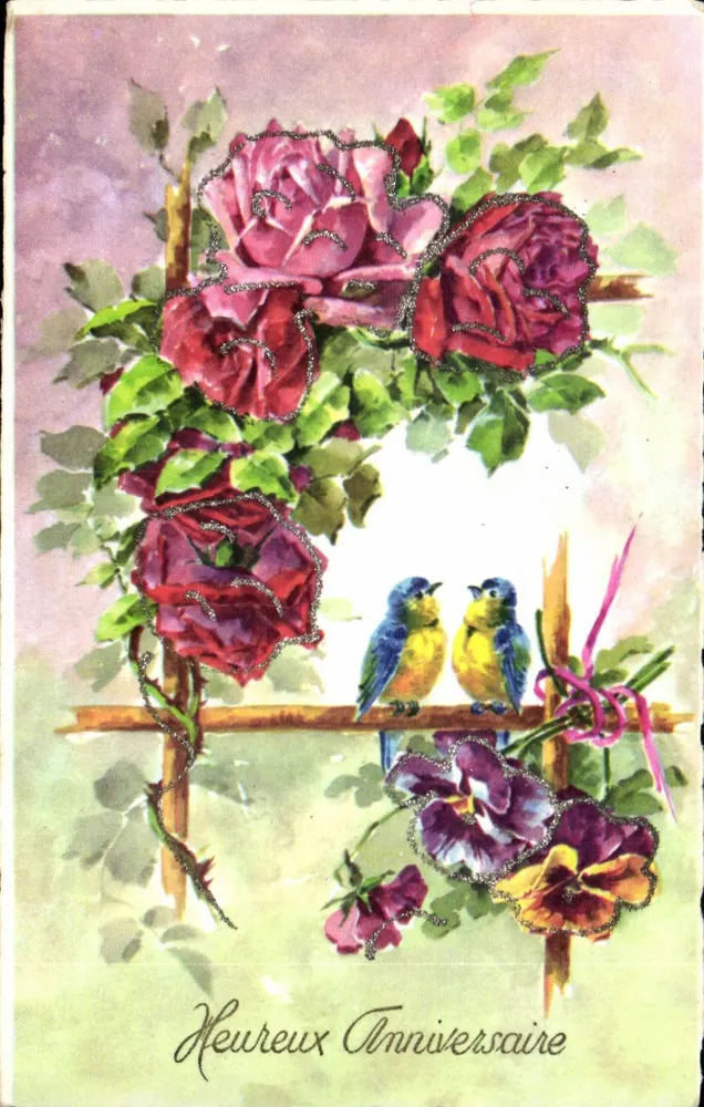 Rosen und Vögel — Geburtstag — M.D. Paris, Serie Nr. 4605 - Vorderseite
