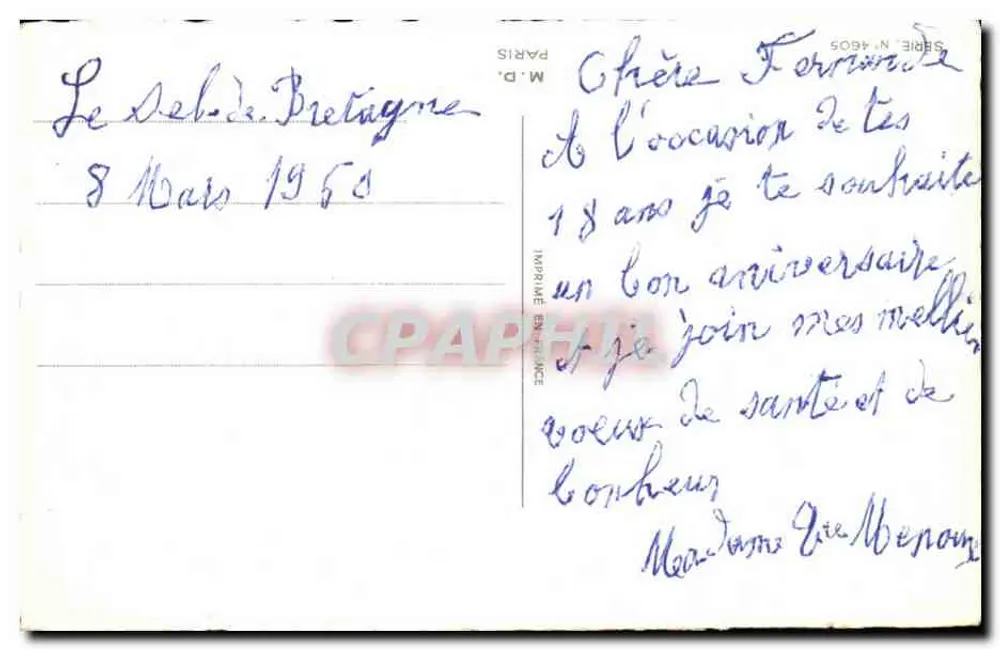 Rosen und Vögel — Geburtstag — M.D. Paris, Serie Nr. 4605 - Rückseite