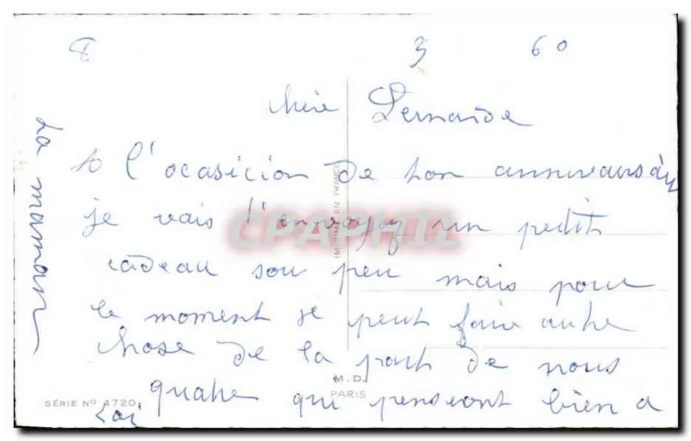 Tulpenstrauß — Geburtstag — M.D. Paris, Serie Nr. 4720 - Rückseite