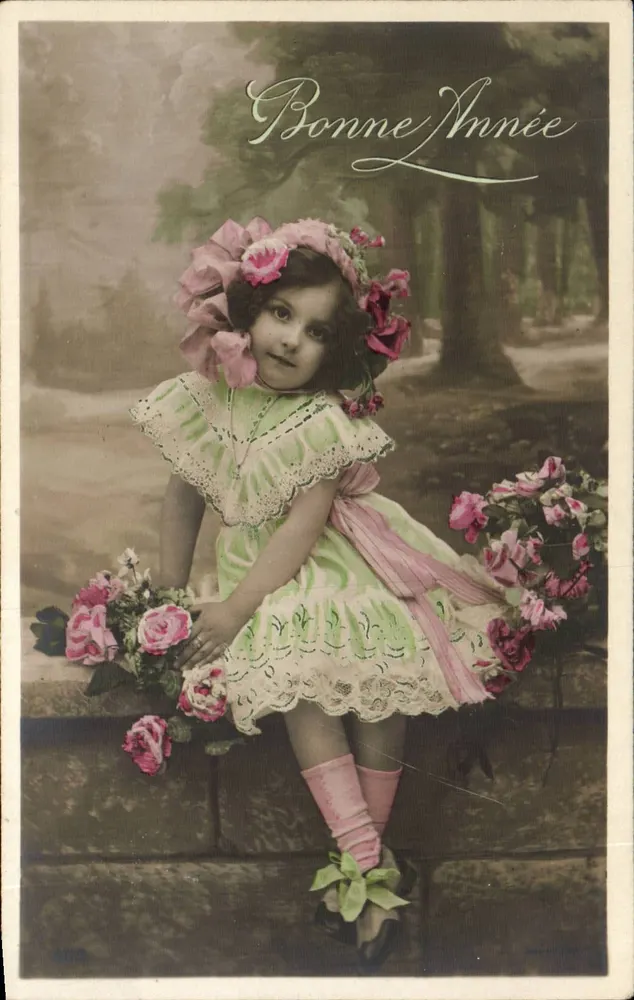 Mädchen in grünem und rosa Kleid mit Rosenkrone — Frohe Neujahr — anonymer Verlag, n° 4028 - Vorderseite