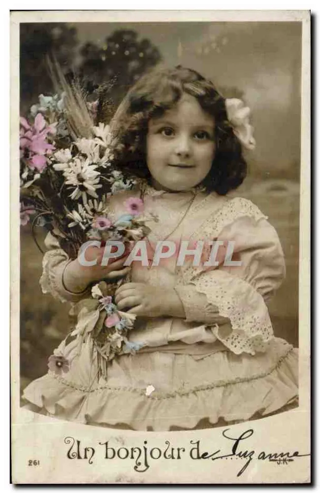 Kleine Mädchen mit Blumenbouquet — Ein Gruß von Suzanne — J.K. n°261 - Vorderseite
