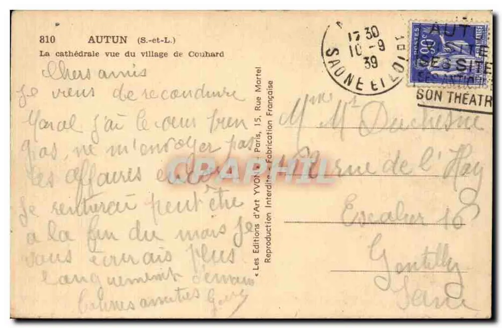 Die Kathedrale aus der Sicht des Dorfes Couhard — Autun (S.-et-L.) — Les Editions d'Art Yvoh, Paris - Rückseite