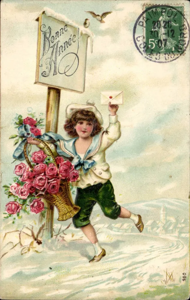 Kind mit einem Korb voll Rosen und einem Brief — Frohe Weihnachten — anonymer Verlag, Nr. 086 - Vorderseite