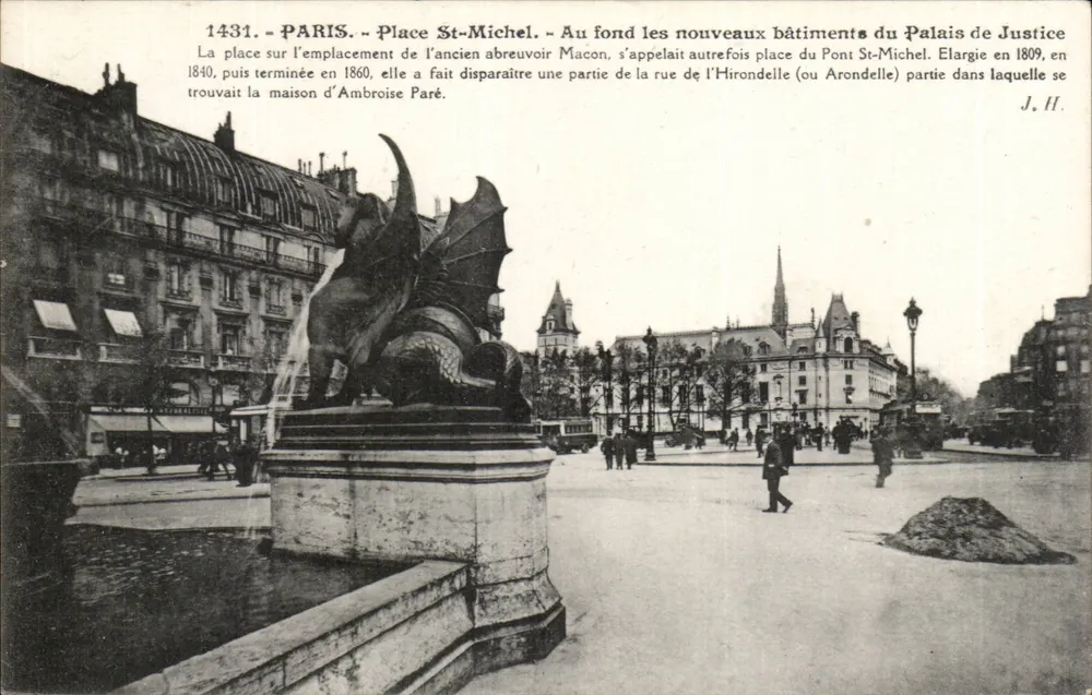 Paris - Praça Saint-Michel — com a fonte do dragão e os novos prédios do Palácio de Justiça — J. H. — n° 1431 - Frente