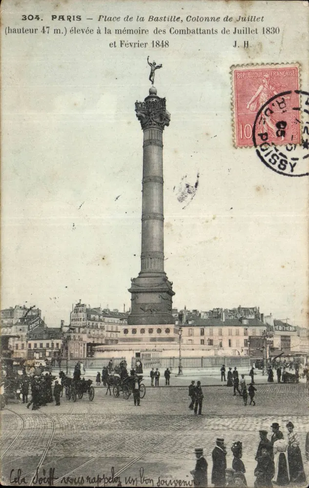 Paris — Place de la Bastille, Colonne de Juillet (Höhe 47 m.) errichtet in Erinnerung an die Kämpfer von Juli 1830 und Februar 1848 — J.H. - Vorderseite