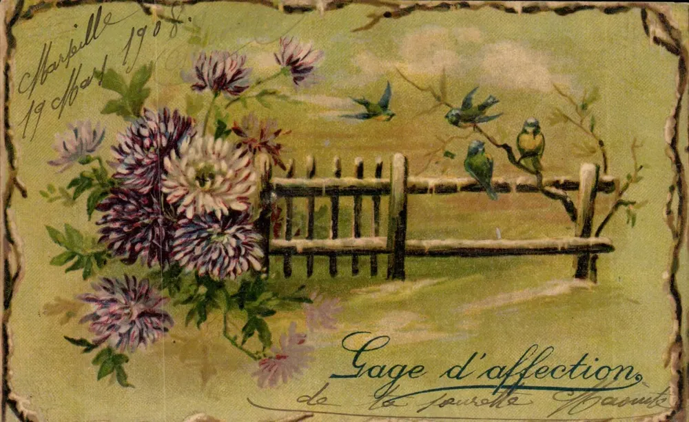 Flores e pássaros — Presente de afeto — Marpille, 1908 - Frente