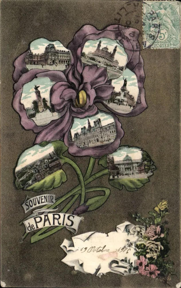 Lembrança de Paris — flor púrpura decorada com vistas de monumentos — editor não visível - Frente