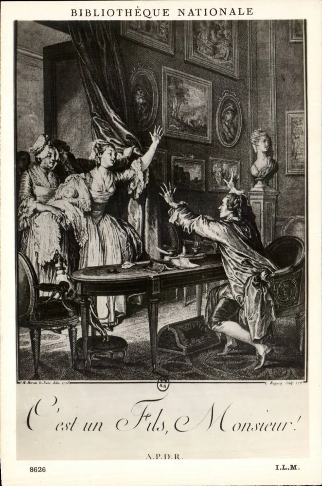 Nationalbibliothek — Komödien-Szene — Kupferstich von M. Marais, 1770, veröffentlicht von I.L.M. - Vorderseite