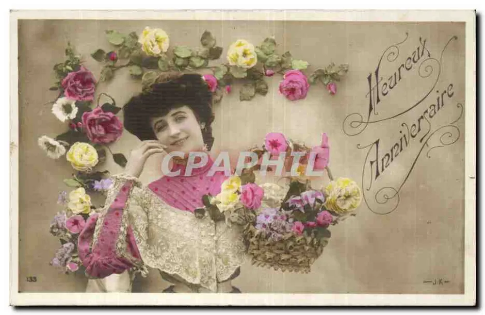Frau in rosa Kleid und Hut — mit Rosenkrone und Korb — J.K. — n° 133 - Vorderseite