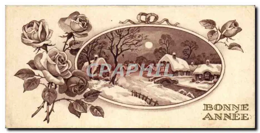 Schneegestraßt unter dem Mond — dekorative Rosen — Frohe Neujahr - Vorderseite