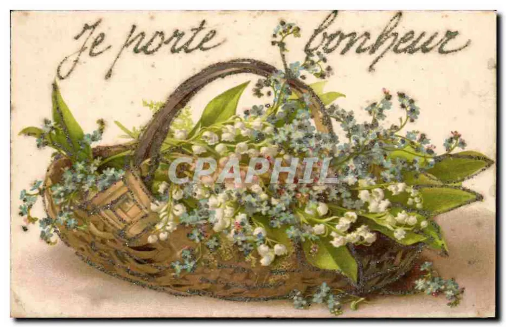 Blumenstrauß in einem Korb — Ich bringe Glück — Ansichtskarte vom 6. Mai 1904 - Vorderseite