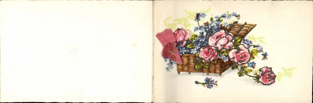 Blumenstrauß aus Rosen und blauen Blumen — unbekannter Verleger, Seriennummer nicht sichtbar - Vorderseite