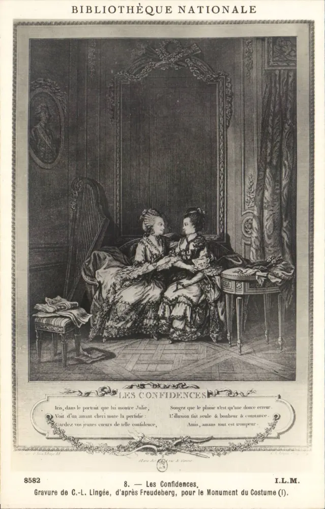 Nationalbibliothek — Die Vertraulichkeiten — Kupferstich von C.-L. Lingée nach Freudeberg, für das Monument du Costume (I). - Vorderseite