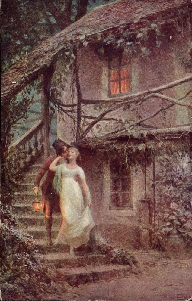 Ein Paar am Eingang eines Hauses — romantische Szene — Eugène Deully, Nr. 344 - Vorderseite