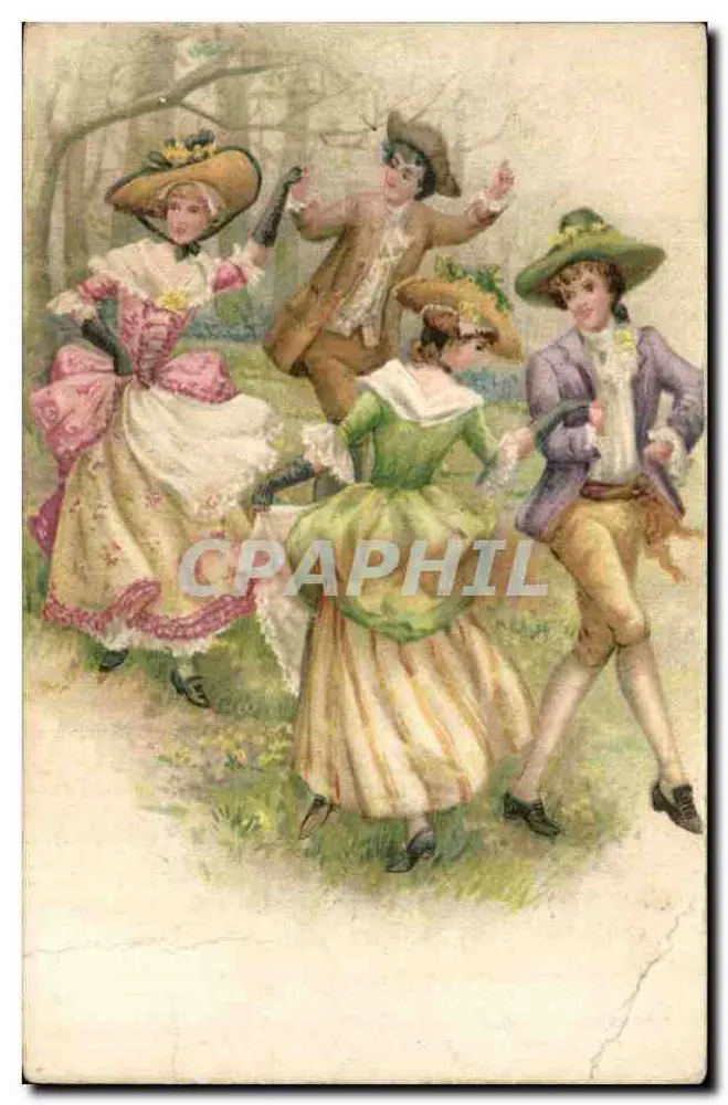 Casais jovens em traje de baile — cena de floresta — editor Union postale universelle - Frente
