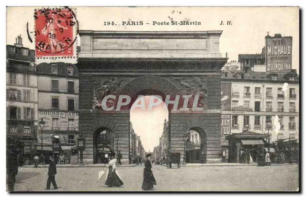 Paris - Porta Saint-Martin — vista urbana com arco monumental e lojas comerciais — J.H. editor - Frente