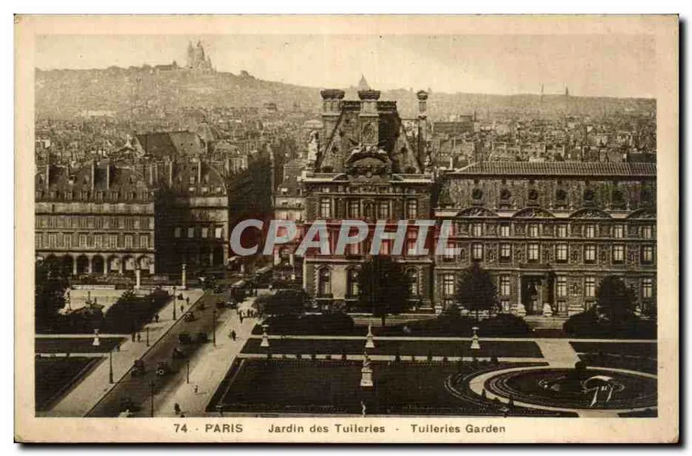 Paris - Jardin des Tuileries — vue panoramique avec édifice orné et jardin à la française — éditeur 'Paris' n°74 - Frente