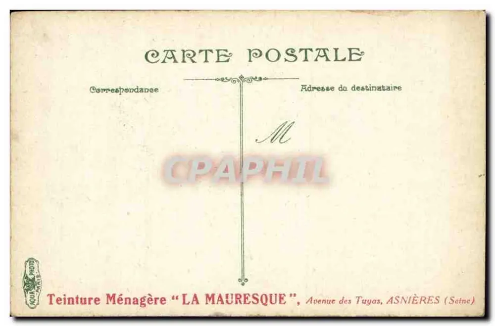 Unter den Kiefern — Küstenblick mit Mann und Hund — Haushaltsfarbenfabrik 'LA MAURESQUE', Asnières (Seine) - Rückseite