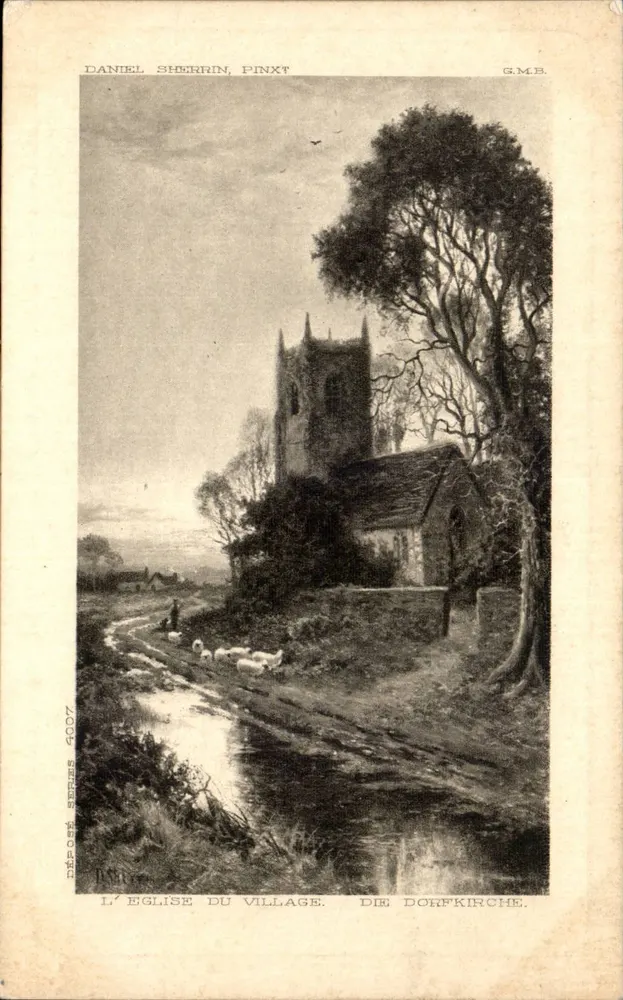 Die Dorfkirche — Ansicht des Dorfes mit Kirche und Schafherde — Daniel Sherrin, Pinxt, Serie 4007, G.M.B. - Vorderseite