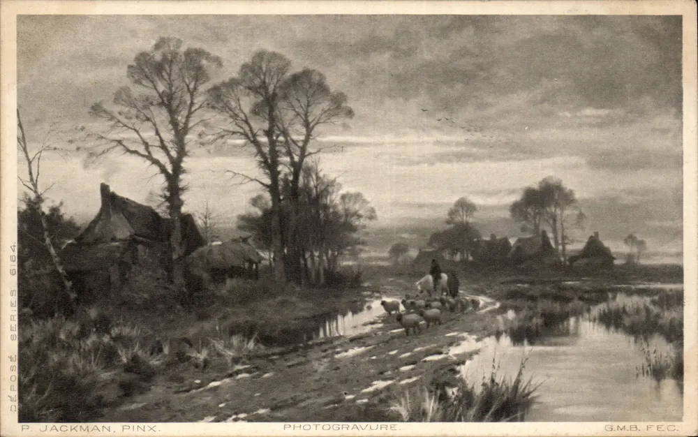 Landschaft mit Schäfer und Schafen — Photogravur nach P. Jackman — G.M.B. F.E.C. - Vorderseite