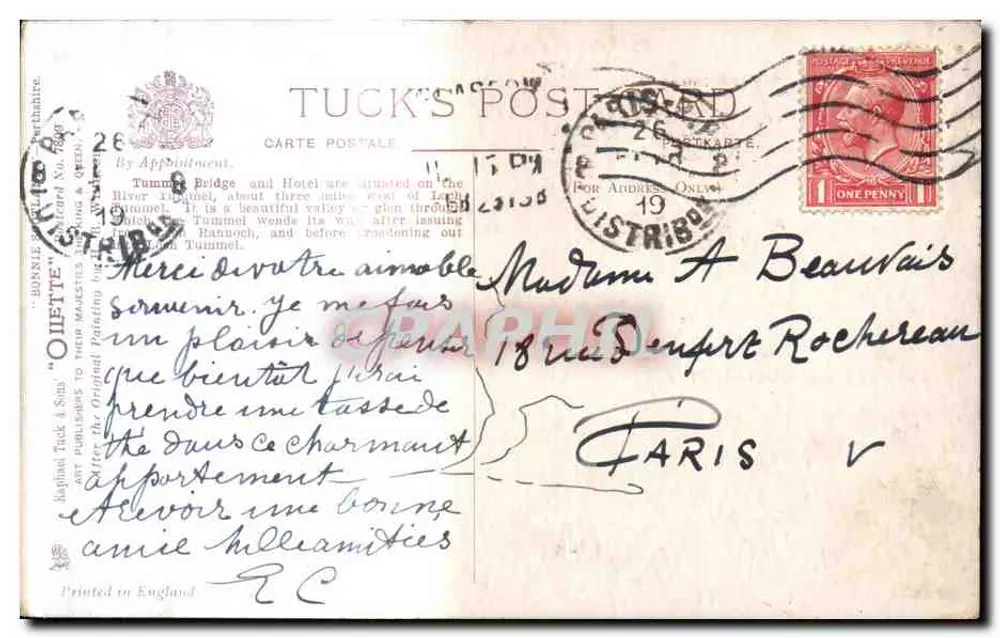 Tummel Bridge & Hotel — Tuck & Sims — britischer Verlag - Rückseite