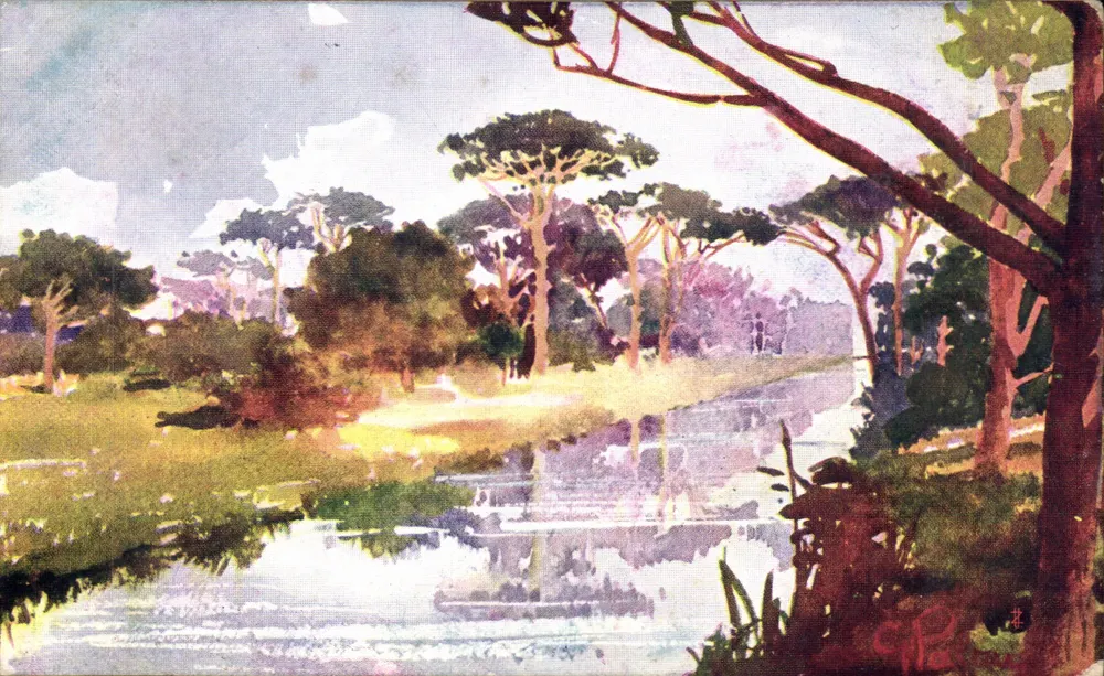 Paesaggio con stagno — pittura ad acquarello — serie N. 13 - Recto