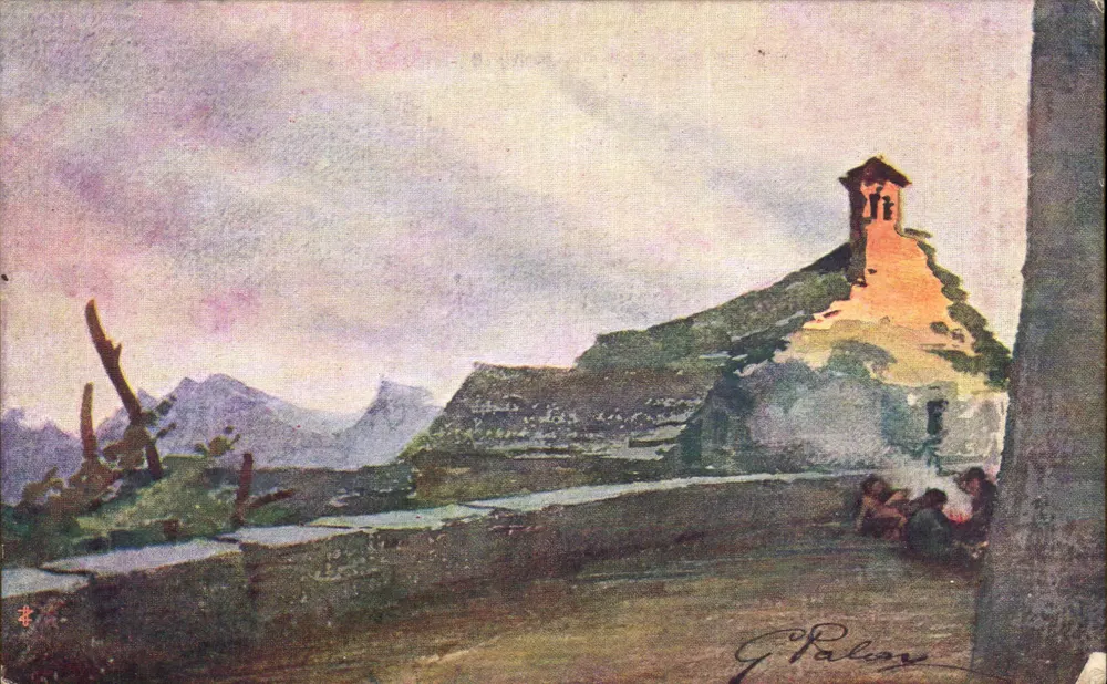 View di montagna con chiesa — disegno a tempera — G. Paloy — Serie I N. 6 - Recto
