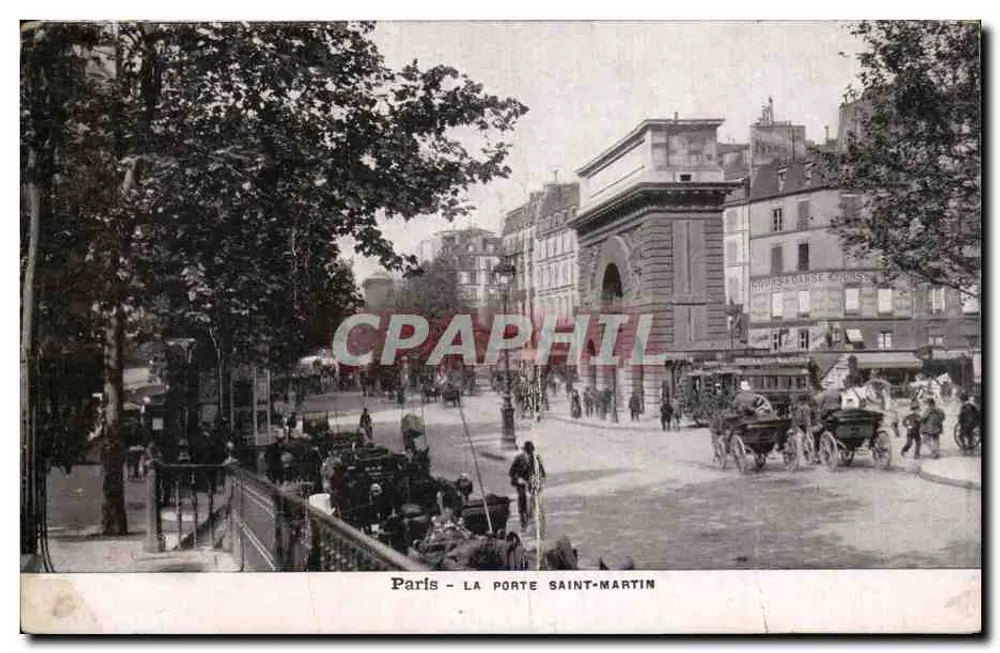 Paris - A Porta Saint-Martin — vista urbana com arcos e veículos — editor não identificado - Frente