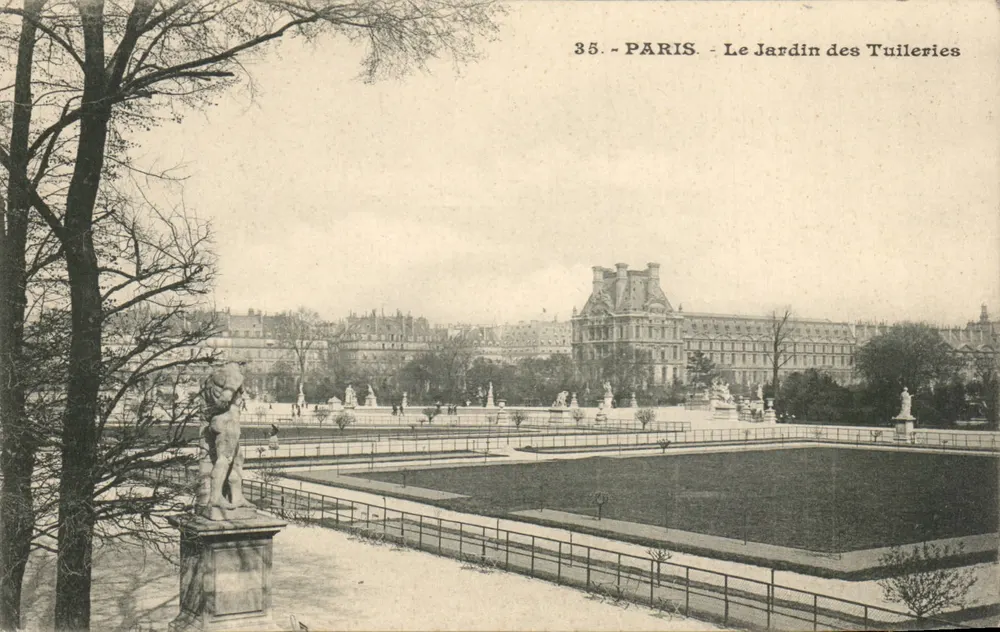 París - El Jardín de las Tullerías — vista del estanque con estatuas — n° 35 - Anverso