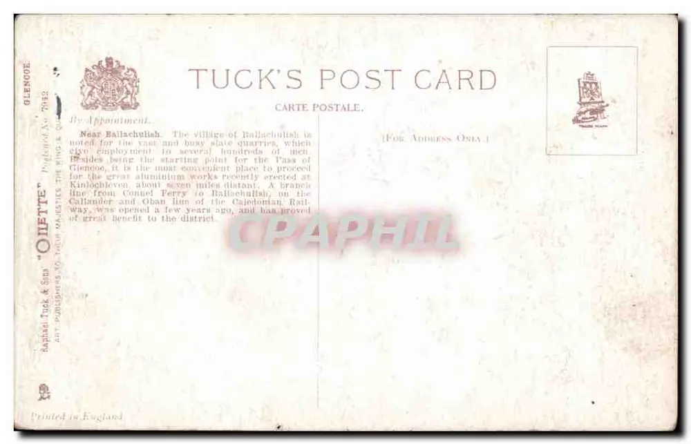 Nahe Ballachulish Glen, Glencoe — Tuck's Post Card, Serie 7942 - Rückseite