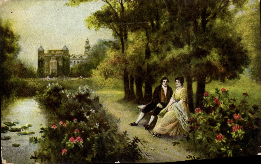 Landschaft mit Paar am Teich — Schloss im Hintergrund — J.W.G. — Serie 4029, Departement Sachsen, gedruckt in Sachsen - Vorderseite