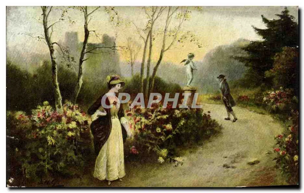 Frau in gelber Robe im Park — Statue eines Putto — Verlag AUKO ARTDROM, Serie 1029 - Vorderseite