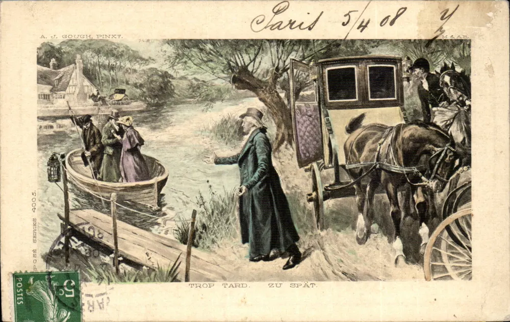 Flusslandschaft — Mann in Mantel begrüßt eine Kutsche — A. J. Gough, Pinkxt. — Serie 4003 - Vorderseite