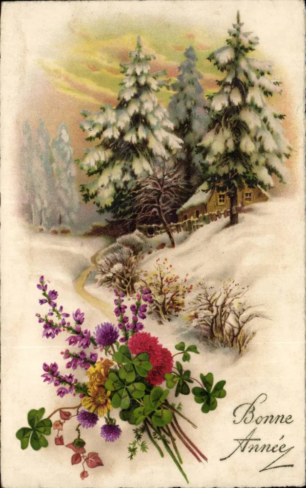 Winterlandschaft mit Chalet — Blumenstrauß — Text 'Guten Jahresbeginn' — Nr. 603 - Vorderseite