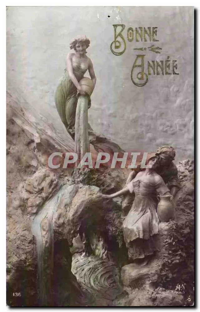 Zwei Nymphen am Wasserfall — Frohes Neues Jahr — J.A.N. Paris, Nr. 136 - Vorderseite