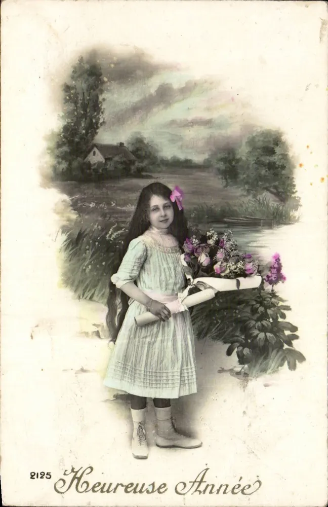 Mädchen mit Blumenstrauß — Frohes Neues Jahr — unbekannter Verlag, Nr. 2125 - Vorderseite