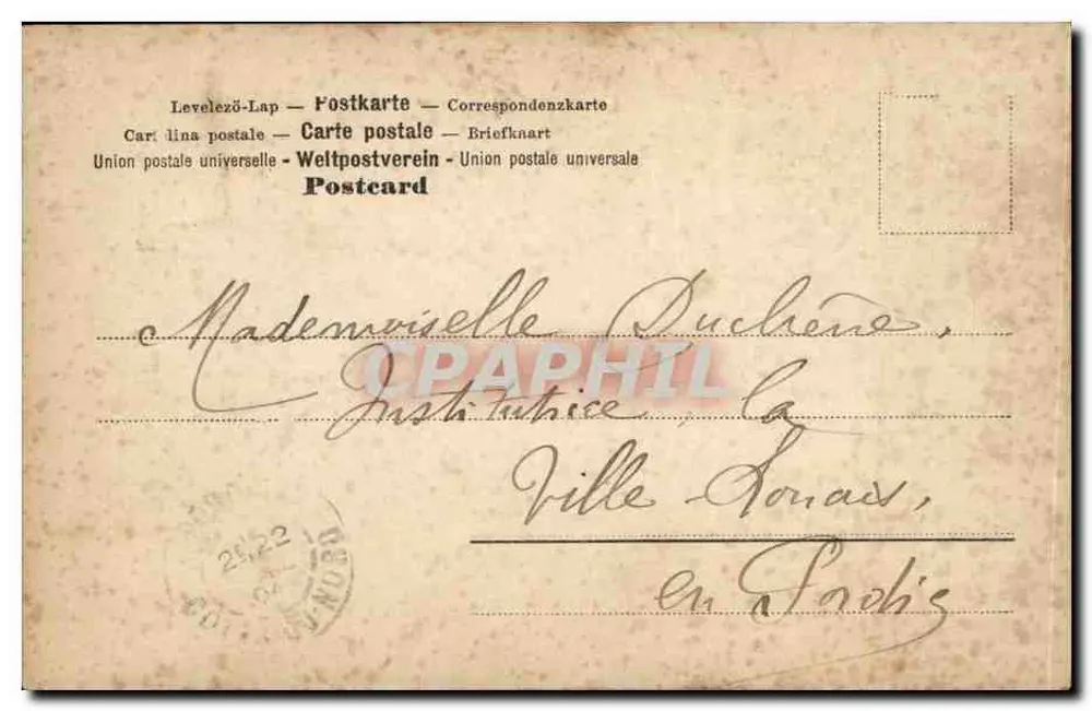 Frau mit aufwärts gerichtetem Blick — sternenbesetzte Dekoration — Verleger 'MOTIF' Nr. 104 - Rückseite