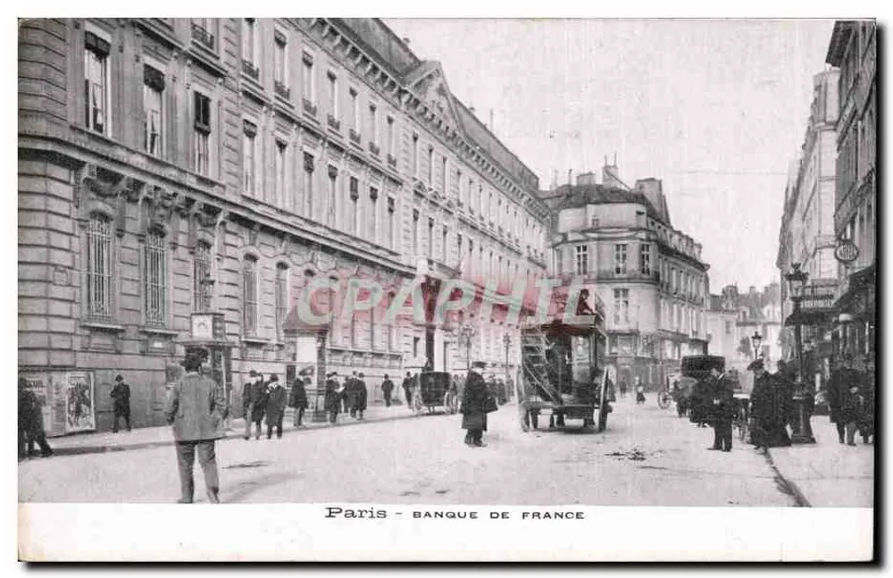 Parigi - Banca di Francia — vista di strada con pedoni e carrozza a cavallo — editore anonimo - Recto